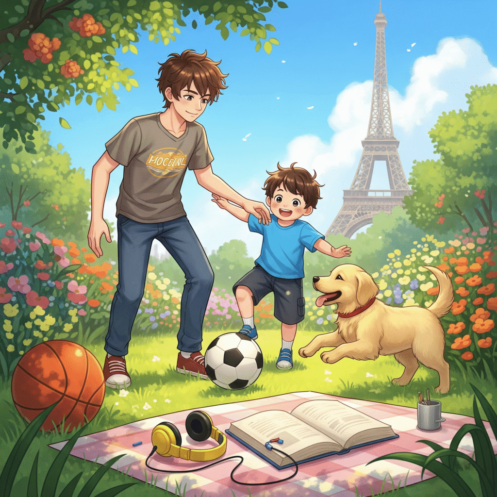 Image shows Lucas and Tom playing football (soccer). The dog Max is in the garden too, there is a basketball and a soccer ball, a book and a headset. In the background there is the Eiffel tower.
