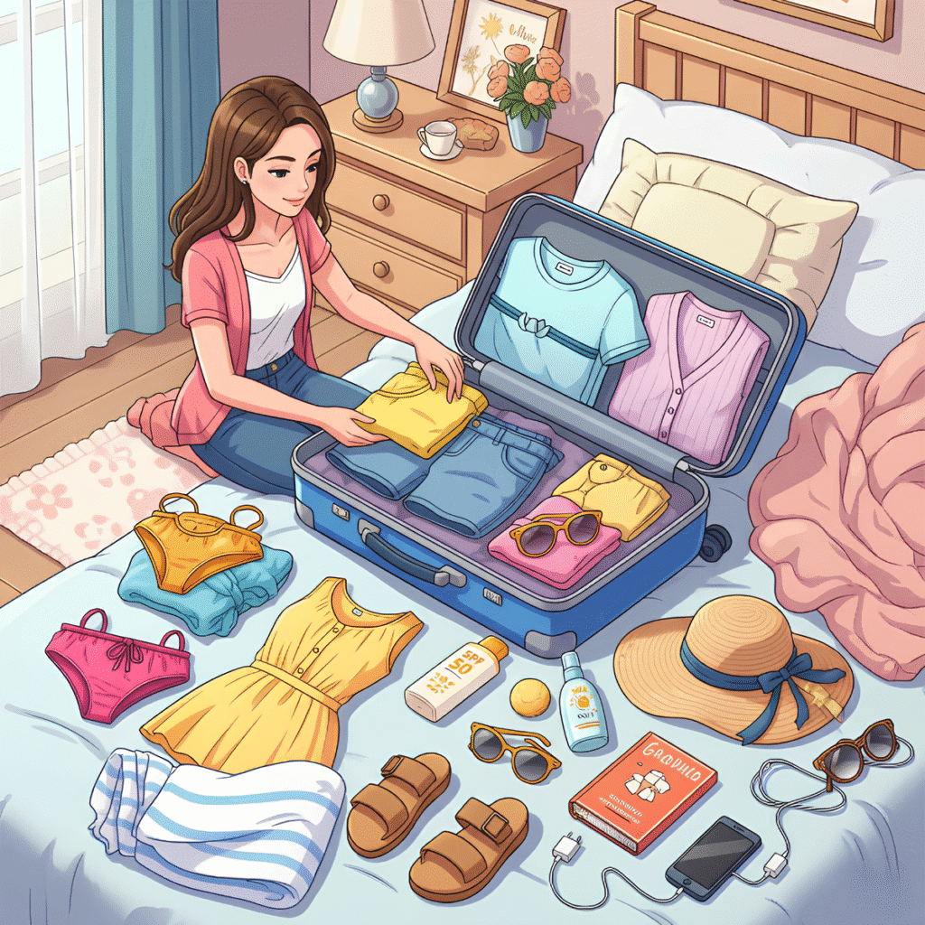 Dessin couleur, Marie fait sa valise sur son lit dans sa chambre. Il y a des vêtements et des accessoires partout.