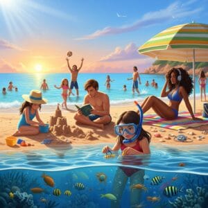 Dessin de plage et activités sur la plage et dans la mer