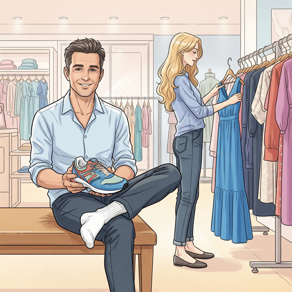 Marc essaie des chaussures de sport et Jeanne choisit une robe bleue, marc est assis sur un des bancs du magasin, marc a un pied dans une chaussure, l'autre pied est en chaussettes, et il a la chaussure dans les mains