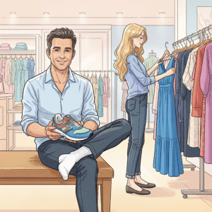 Marc essaie des chaussures de sport et Jeanne choisit une robe bleue, marc est assis sur un des bancs du magasin, marc a un pied dans une chaussure, l'autre pied est en chaussettes, et il a la chaussure dans les mains