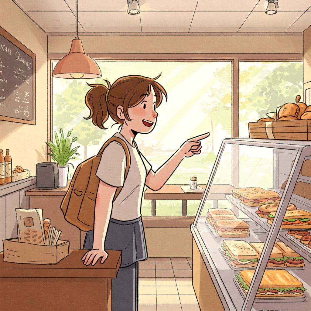 Dessin couleur Sarah au café devant un parc qui commande et attend son amie Léa