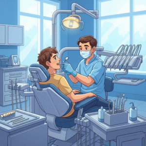 Dessin couleur sur un RDV d'un homme jeune chez le dentiste