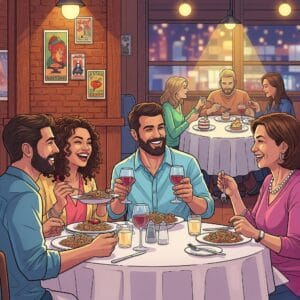 dessin couleur scène restaurant avec des amis