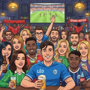 Dessin couleur de Léo et de ses amis dans un bar qui regardent un match de football sur un grand écran et ils ont des boissons et ils portent des maillots de leur équipe, il y a aussi des supporters de l'autre équipe adverse