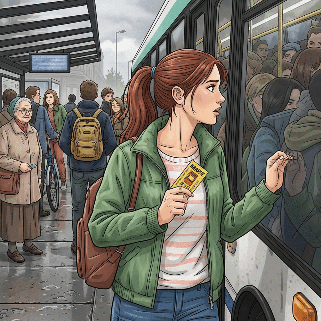 Marie looks at the bus window and see the bus is full. The bus is at the bus station where a lot of people are standing. It is raining.