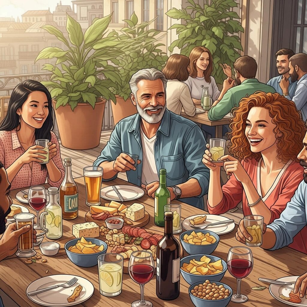 Dessin scène apéro en terrasse avec des amis