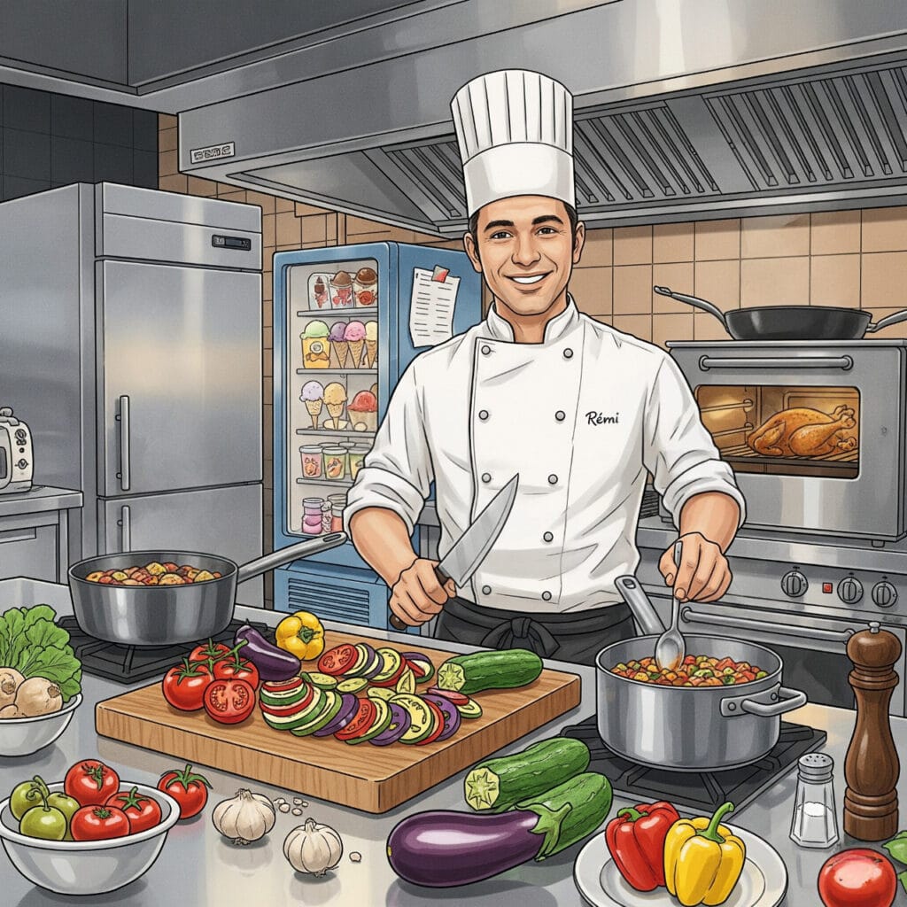 Dessin couleur le chef Rémi dans sa cuisine