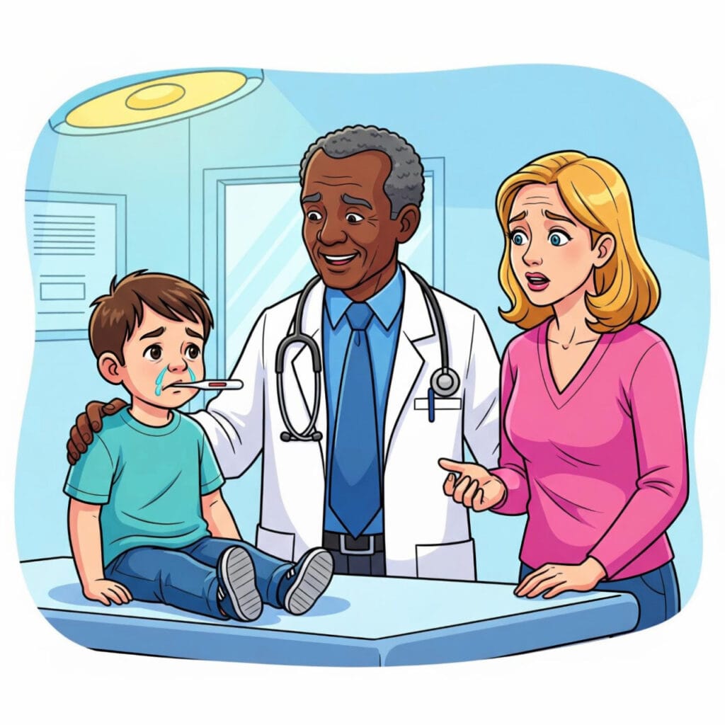 Dessin couleur Tom malade et enrhumé assis sur la table d'examination et le docteur et sa mère à côté