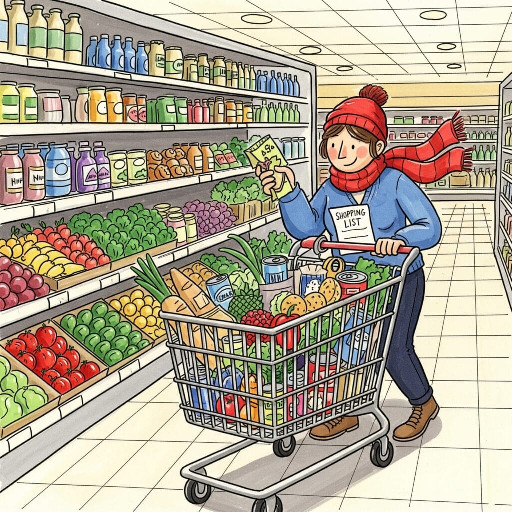 Dessin couleurs courses au supermarché