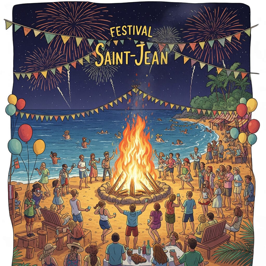 Dessin couleur fête sur la plage avec des feux d'artifice