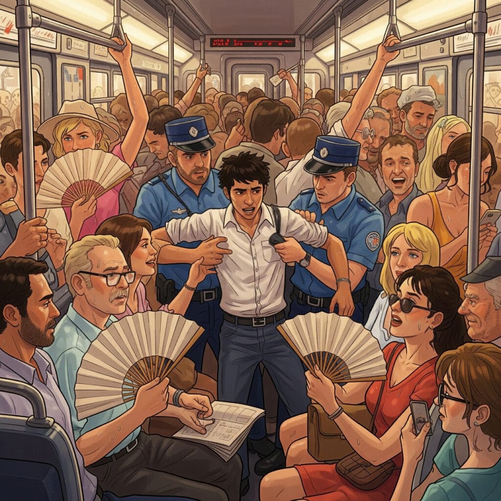 Dessin couleur métro bondé de Paris