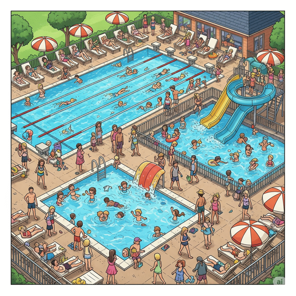 Dessin couleur d'une piscine avec plusieurs bassins
