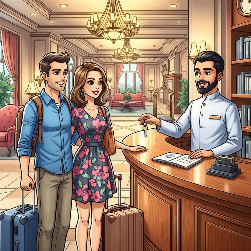 Dessin couleur de deux personnes devant le réceptioniste dans le hall de réception d'un hôtel