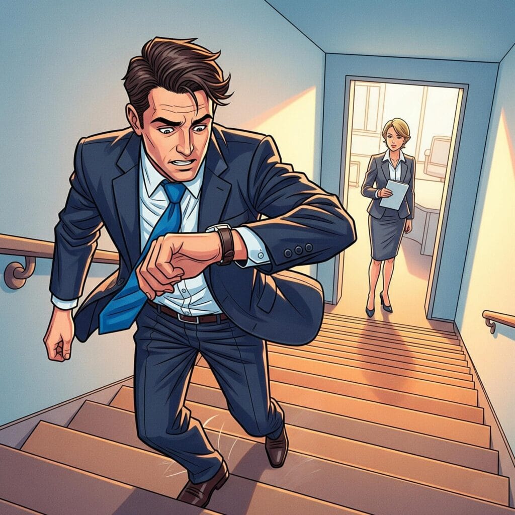 Dessin couleur d'un homme qui monte en courant les marches et une collègue le regarde monter depuis une salle de réunion