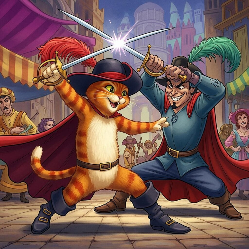 Dessin couleur le chat botté se bat à l'épée contre un adversaire