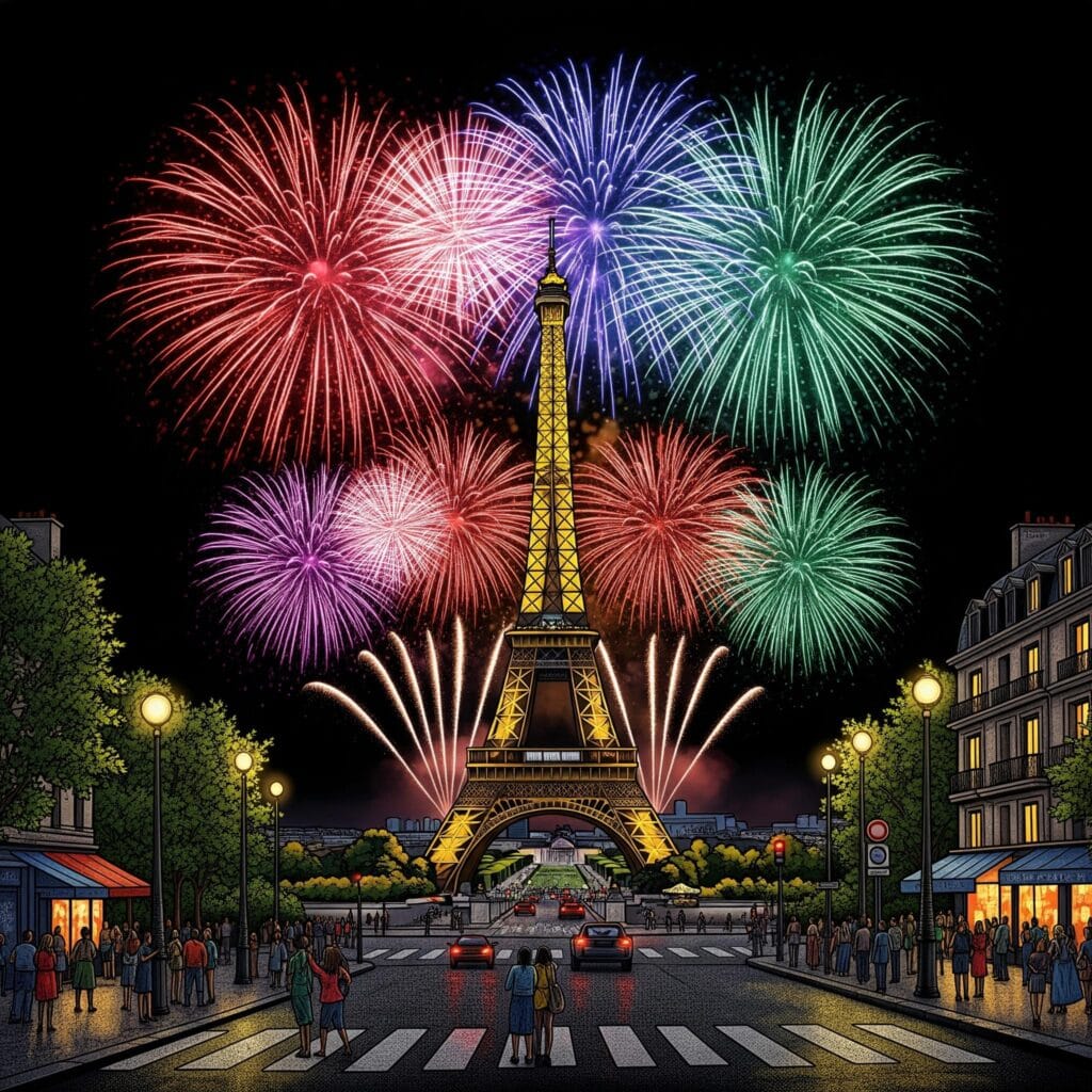 Dessin couleur feux d'artifice autour de la tour Eiffel pour la fête nationale