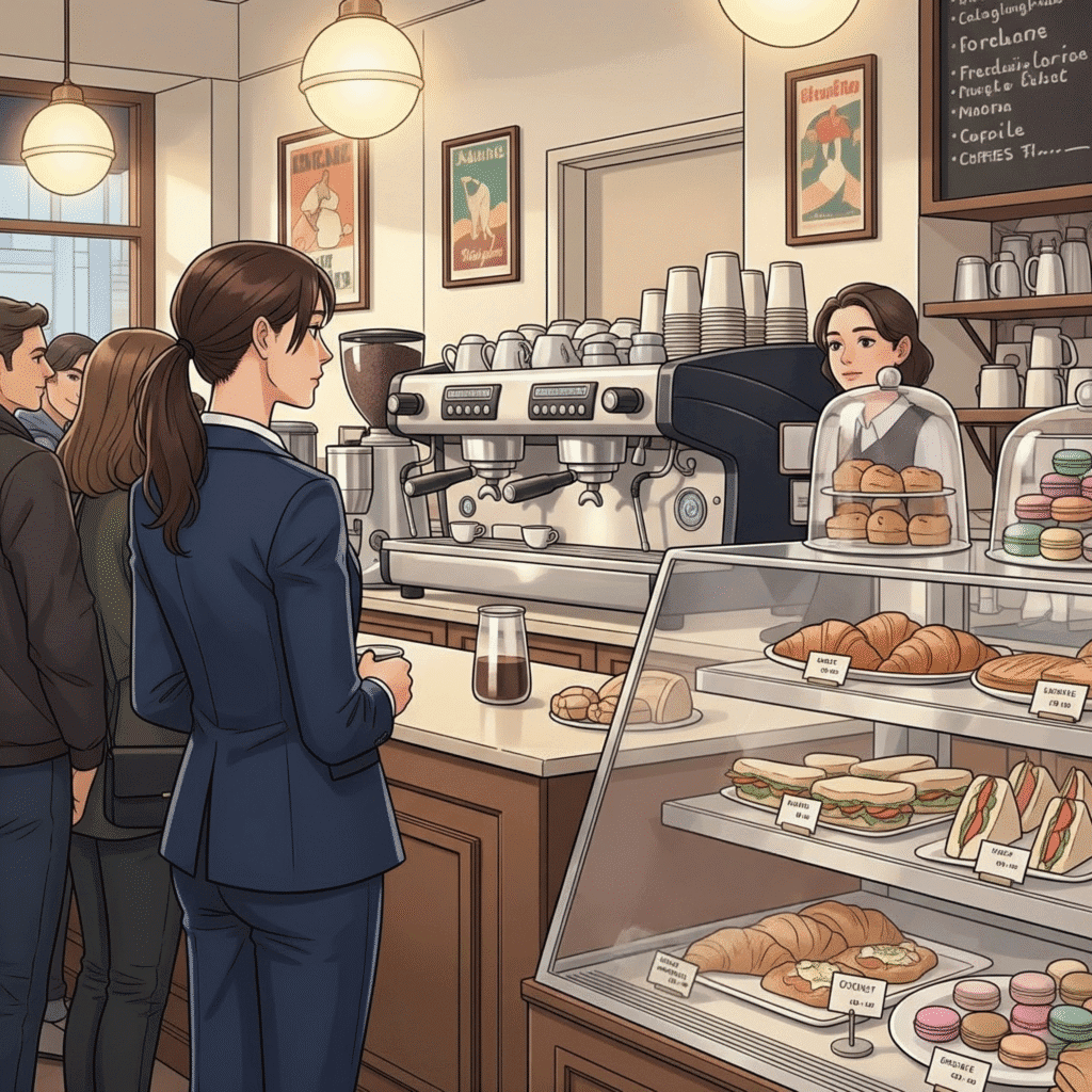 Dessin d'un café avec une jeune femme brune à queue de cheval, en costume, dans une petite file d'attente, et le café a une machine à café ainsi qu'un présentoir rempli de nourriture.