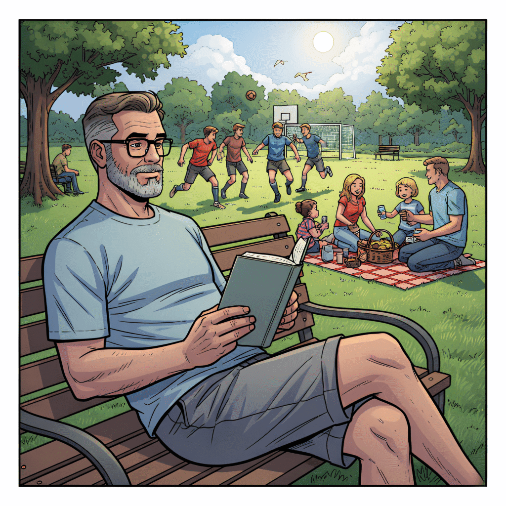 dessin couleur parc homme qui lit sur un banc, des personnes qui jouent au football derrière, une famille qui fait un pique-nique