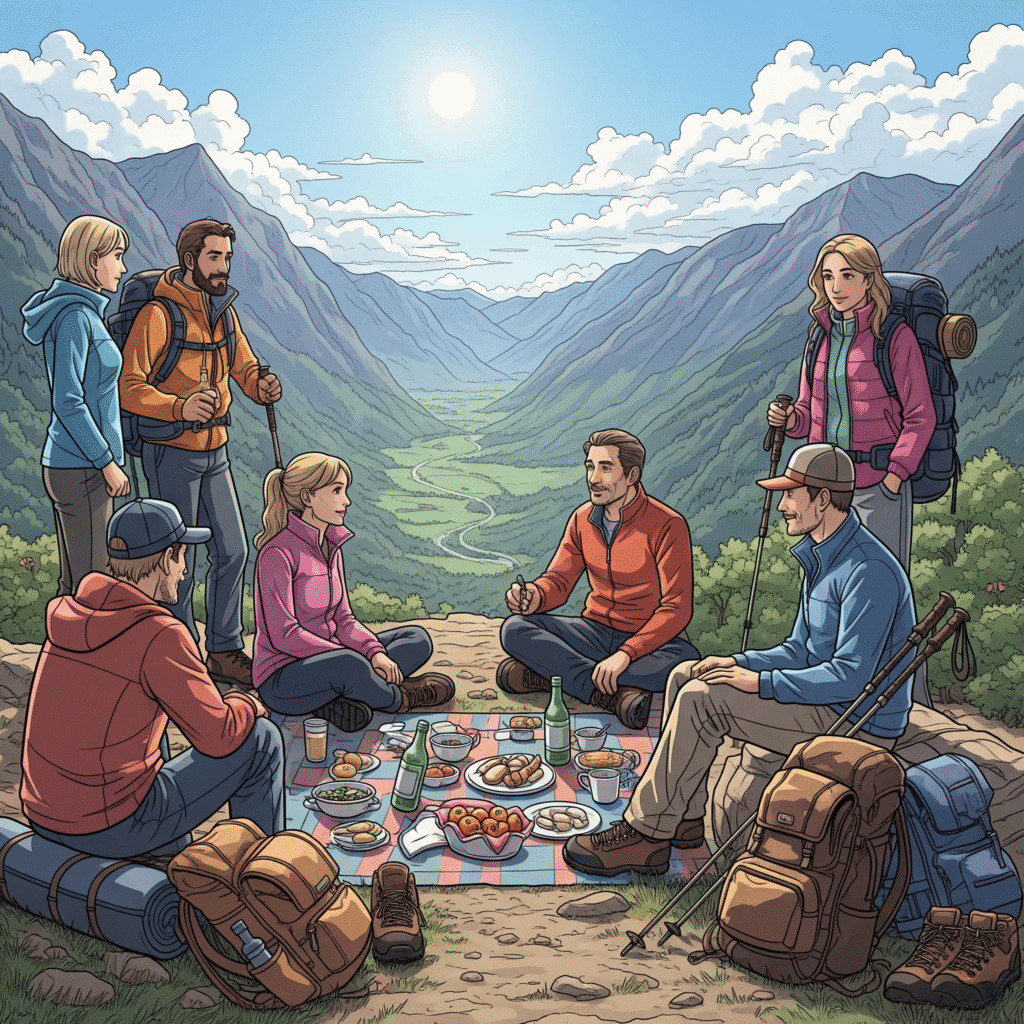 Un dessin de plusieurs personnes hommes et femmes marchant en montagne sur un sentier avec une vue magnifique, ils sont assis pour un pique-nique avec une vue magnifique, on y voit les équipements de randonnée et de la nourriture et une vallée et le soleil des nuages et les personnes regardent la vallée, leurs sacs à dos sont posés à côté deux.