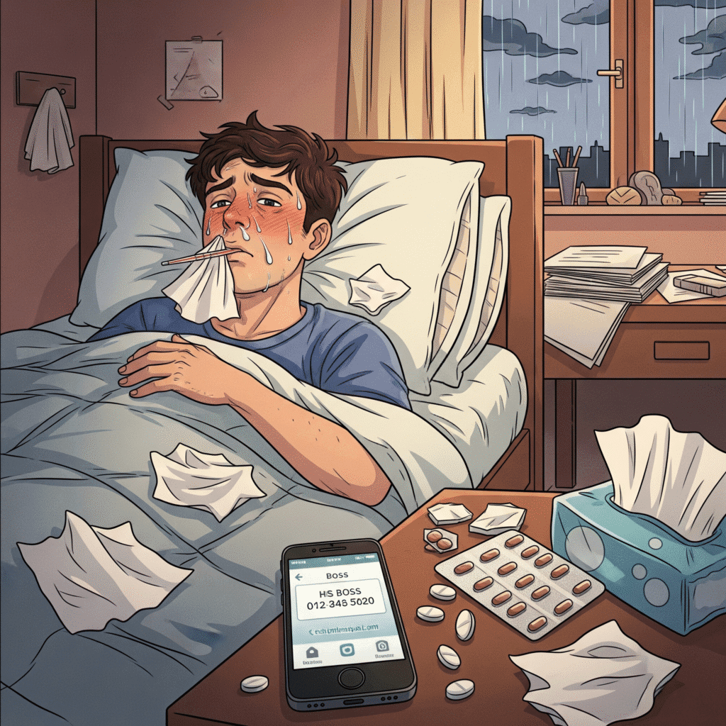 Dessin couleur, Jean est malade dans son lit il a des tablettes de médicament sur sa table de chevet, son téléphone avec la fiche de contact de son boss est sur la table aussi, il a des mouchoirs partout le nez qui coule, la fièvre, le thermomètre qui sort de sa bouche entre ses lèvres et des paquets de mouchoirs, on voit sa chambre et son bureau et dehors derrière la fenêtre on voit la météo il pleut.