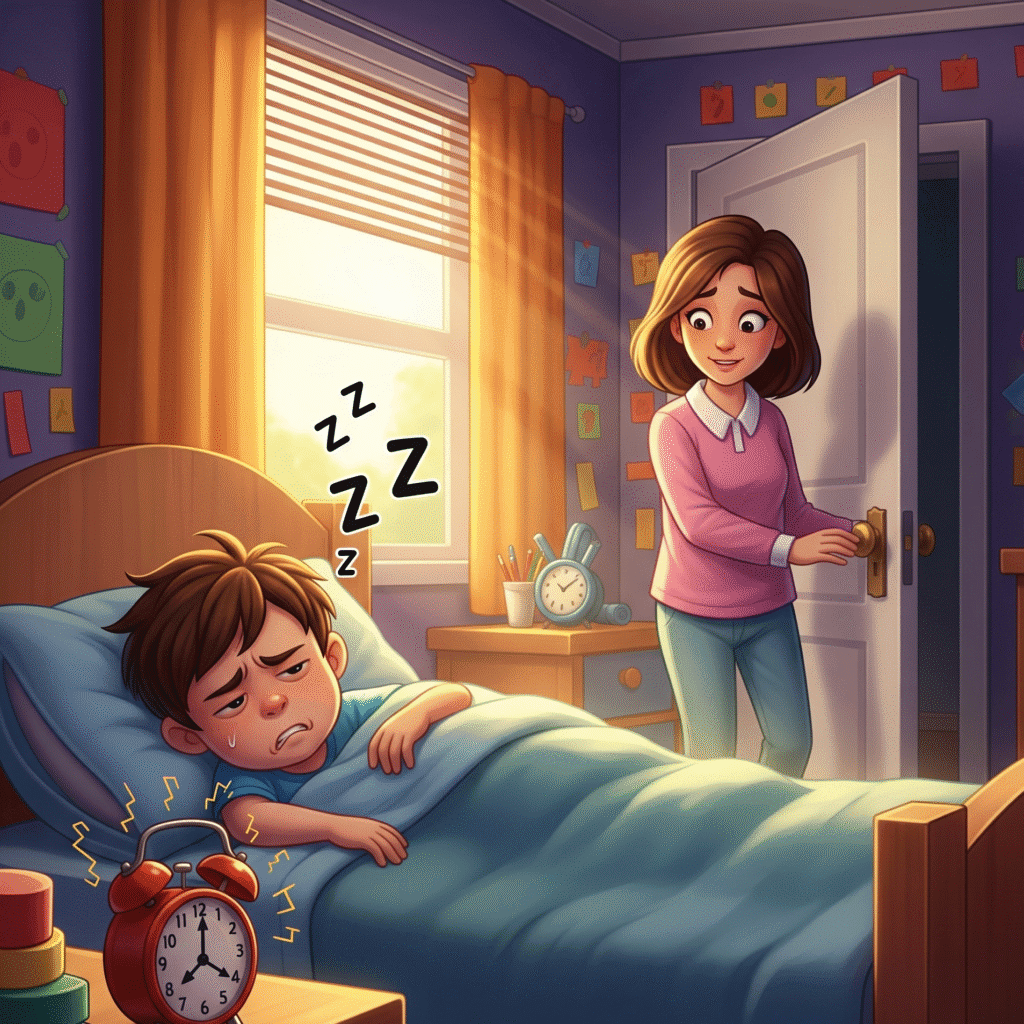 Dessin en couleur, Léo est dans sa chambre et l'alarme sonne et il est sous la couette et a l'air tout endormi et ne veut pas se lever mais sa mère ouvre la porte