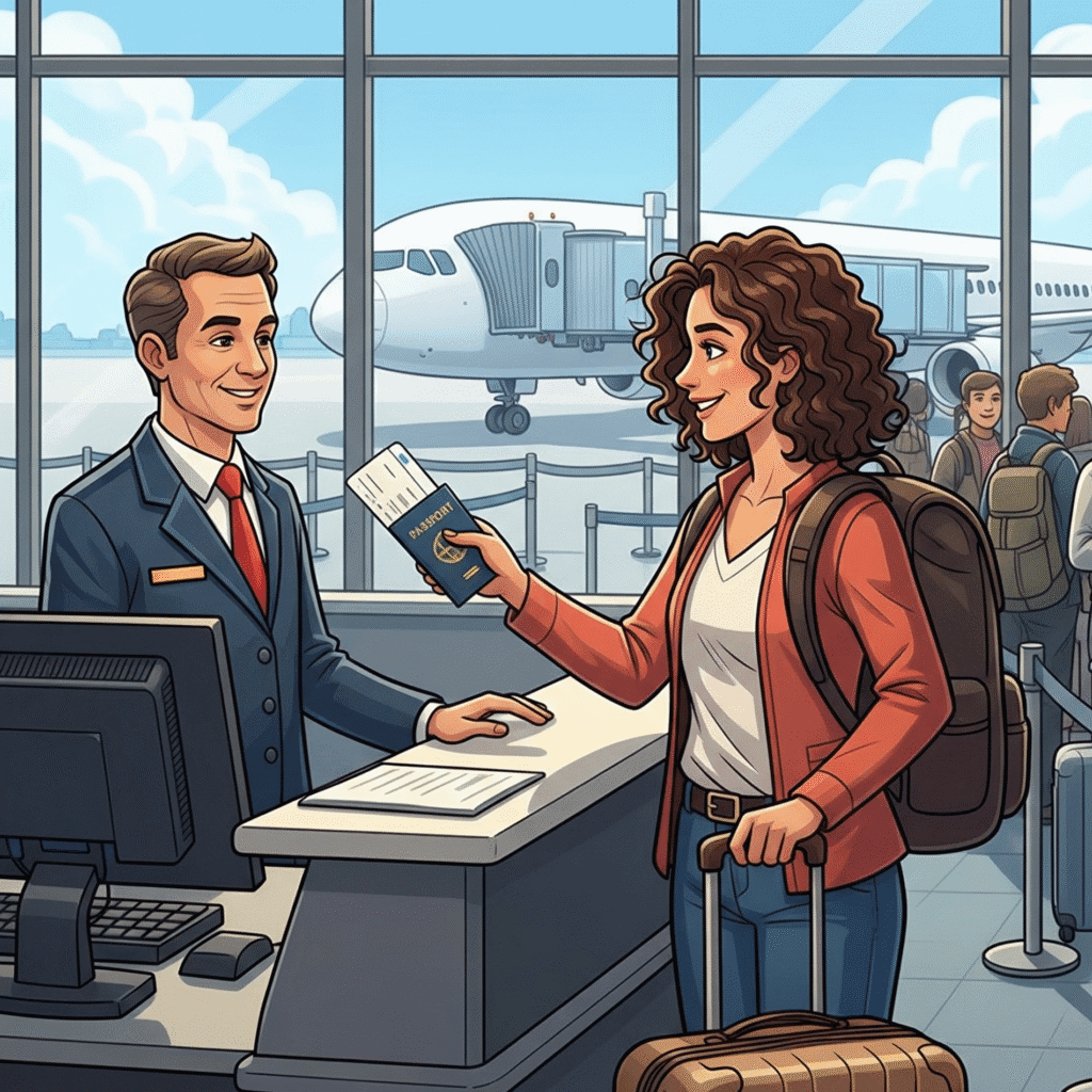 un dessin en couleur de Jeanne avec sa valise et son sac à dos qui montre son billet d’avion et son passeport à l’hôtesse de l’air qui est derrière le comptoir devant son ordinateur, la scène est à l’aéroport derrière les grandes baies vitrées il y a l’avion et le pont pour aller à la porte, derrière elle il y a la queue.