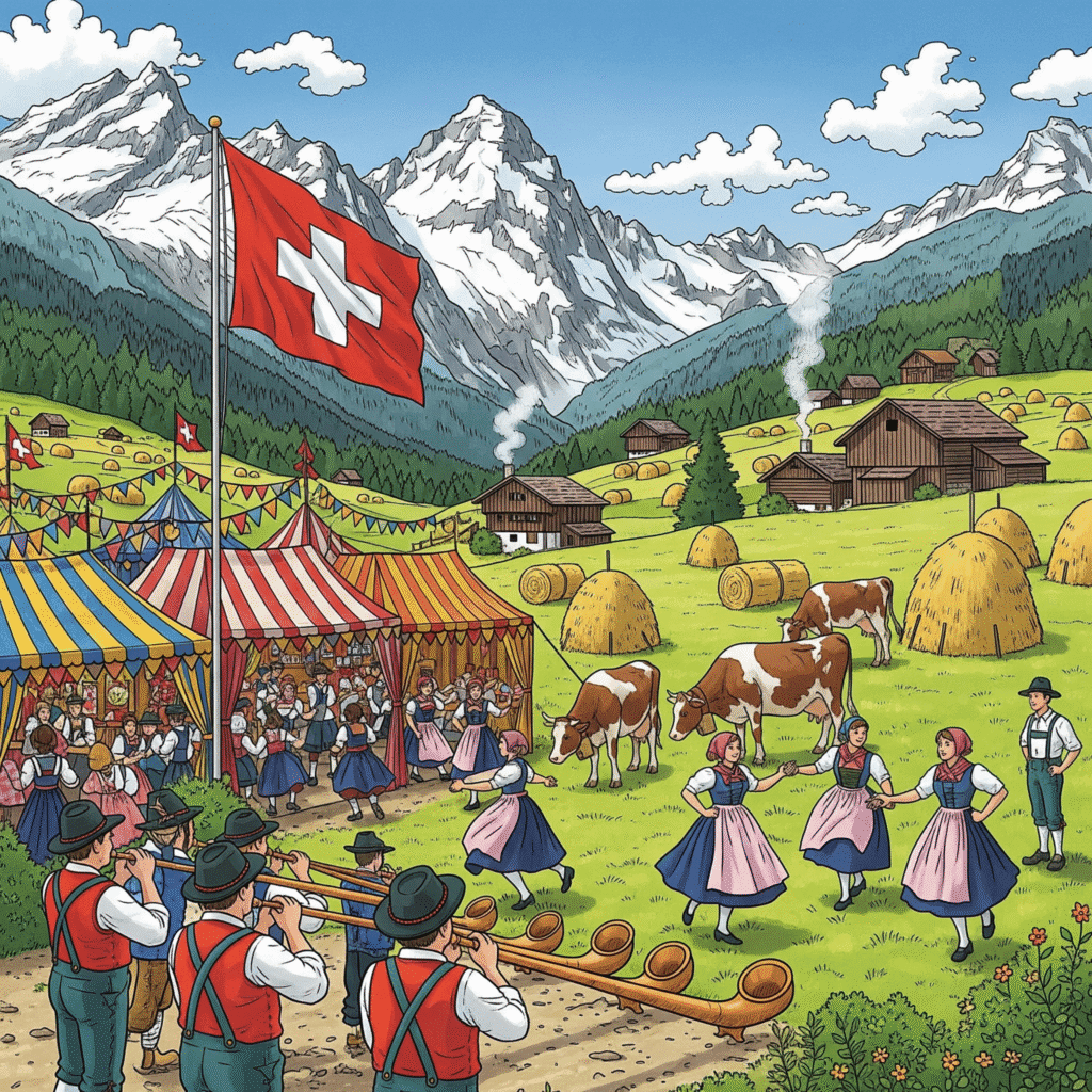dessin de montagne avec des cors suisses, des habits traditionnels suisse, un drapeau suisse qui flotte, des vaches qui paissent dans les champs et des chapitaux festives avec des bandes colorées et des fermes au loin, des danses traditionnelles et des bottes de pailles dans d'autres champs.