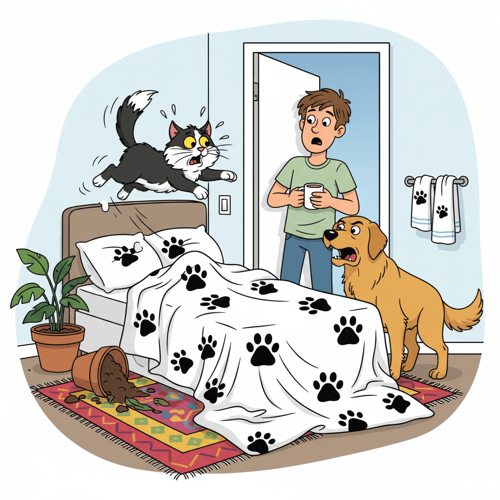 Chat qui s'enfuit devant un chien et un homme