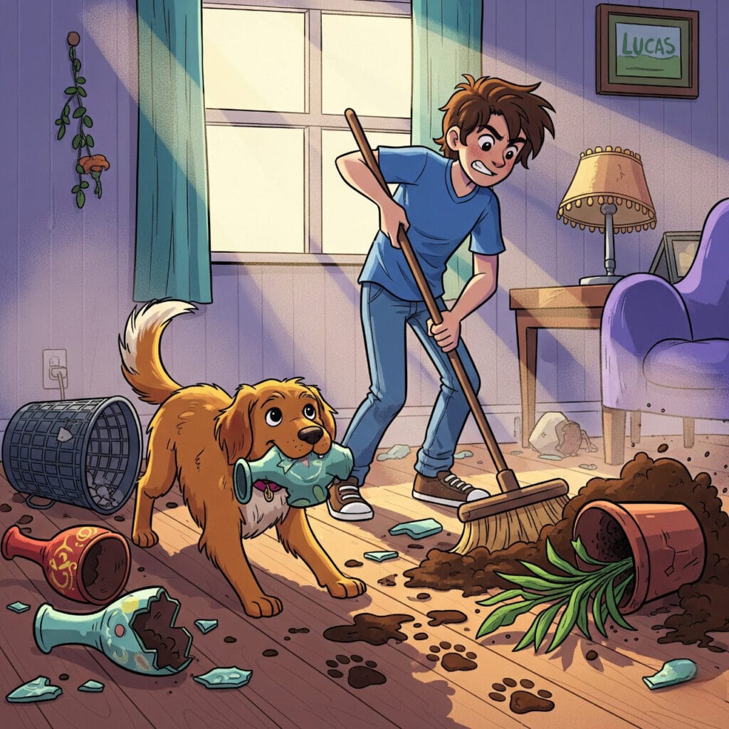 Lucas et Max nettoient le désordre du salon