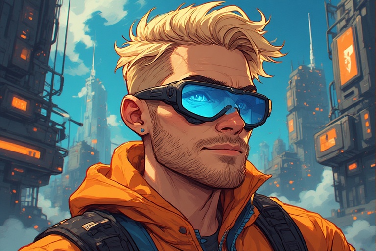 Un homme du futur avec des lunettes bleues et une veste orange