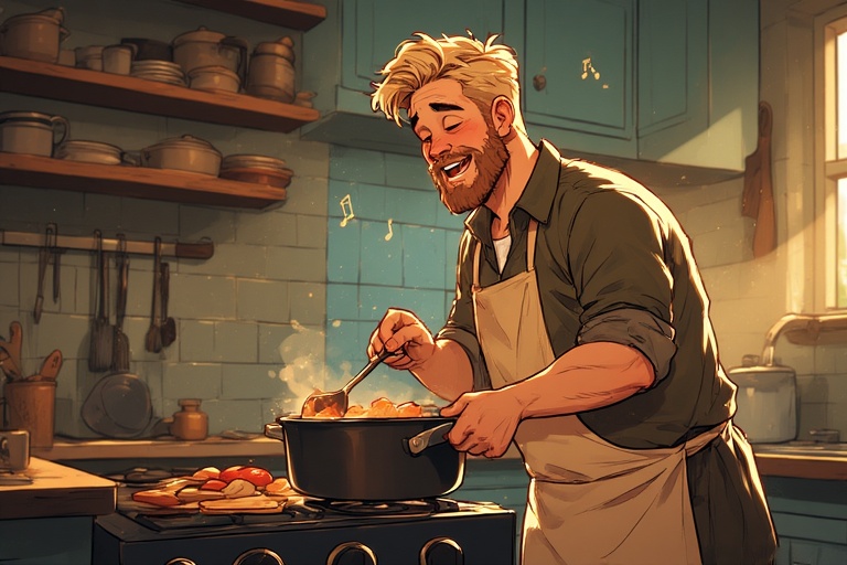 Un homme blond cuisine et chante en même temps