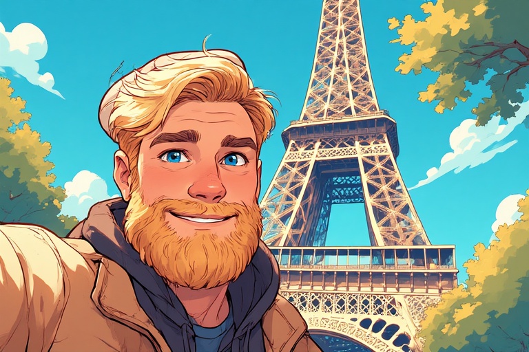Un homme blond prend un selfie devant la tour Eiffel
