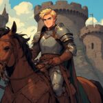 Chevalier Blond Moyen-Âge sur un cheval brun devant un château fort