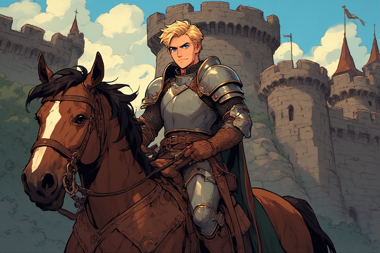 Chevalier Blond Moyen-Âge sur un cheval brun devant un château fort