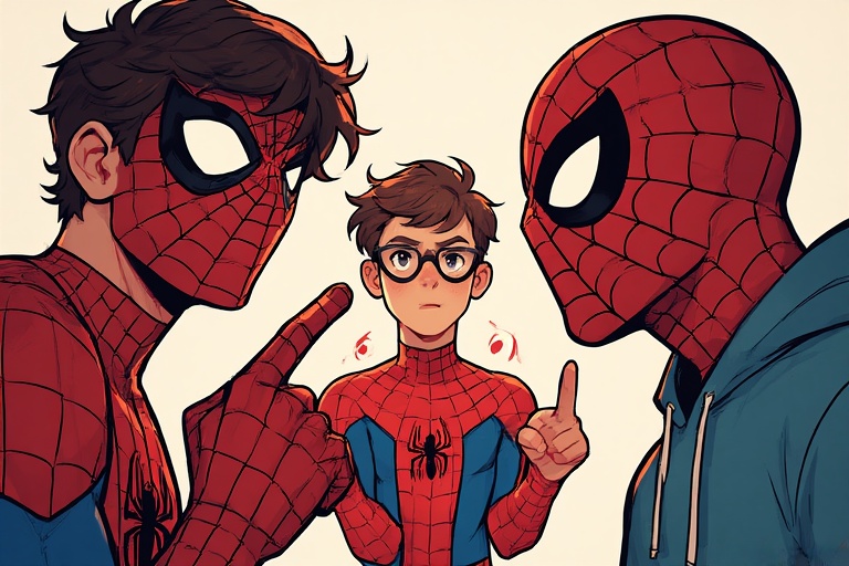 Spidermen point at each other